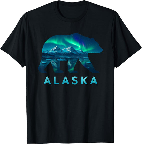 Alaska Travel Designs Alaska Grizzly Bear Aurora Borealis Travel Souvenir T-Shirt - Black