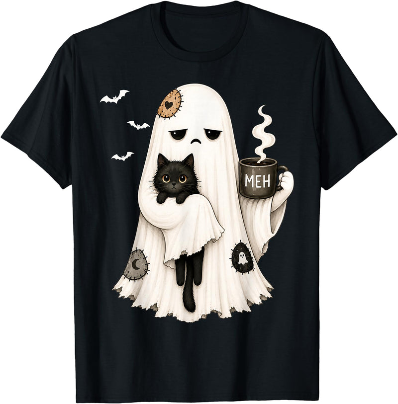 Halloween Cute Ghost Holding Black Cat Spooky Ghost Holding Black Cat Coffee Lover Funny Halloween T-Shirt - Black