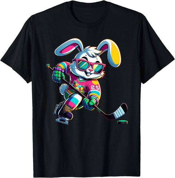 Happy Easter Bunny Hockey Rabbit Men Women Kid T-Shirt in Black