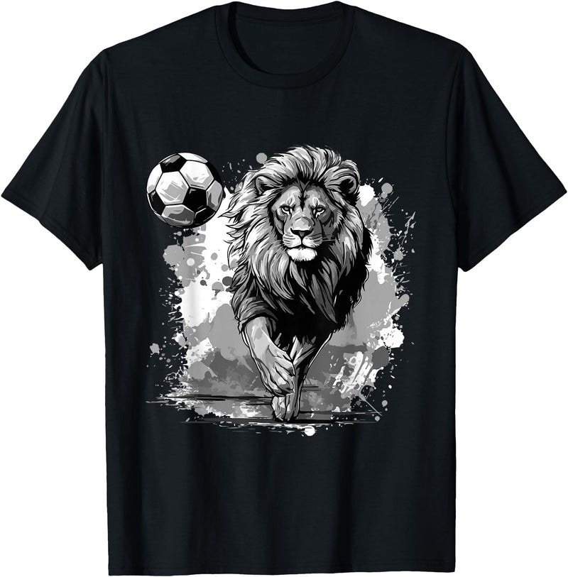 Passion For Sports Style Lion Playing Soccer Sports Team Animal T-Shirt - Black
