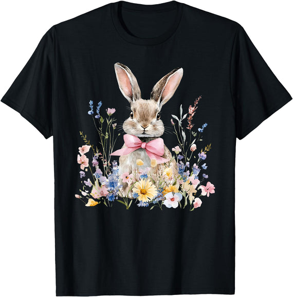 Funny Bunny Wildflower Rabbit Eggs Happy Easter Retro Trendy T-Shirt in Black