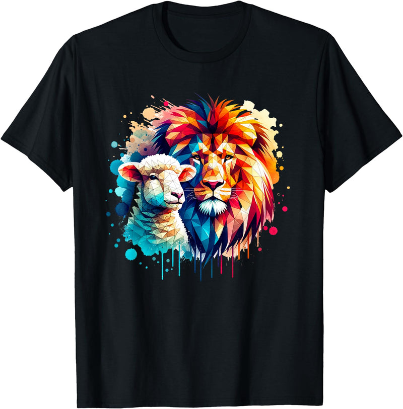 Christian Clothing Lion And Lamb Christian Art Lion And Lamb Geometric Christian Clothing T-Shirt - Black