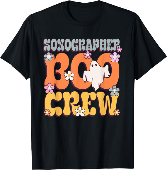 Blooming Echo Ultrasound Care Tees Sonographer Boo Crew Halloween Ghost T-Shirt - Black
