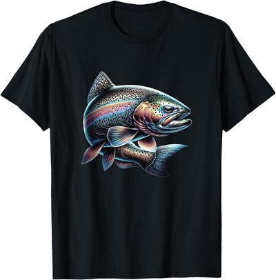 Unisex Adults & Kids Fishing T-Shirt - Black - Small - Short Sleeve - Cotton & Polyester - Modern Fish Graphic - Crew Neck - Regular Fit