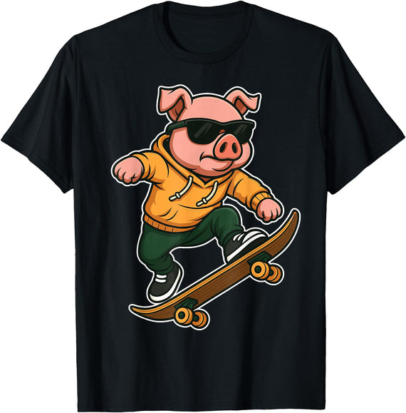 Pig Skateboarding Skater Men Boys Kids Skateboard Pig Riding Skateboard Skater Pig Graphic T-Shirt - Black