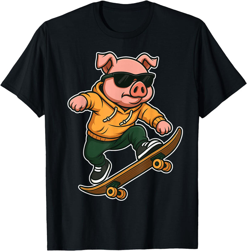 Pig Skateboarding Skater Men Boys Kids Skateboard Pig Riding Skateboard Skater Pig Graphic T-Shirt - Black