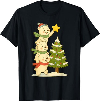 Cute Polar Bear Stacking Star on Tree Christmas T-Shirt