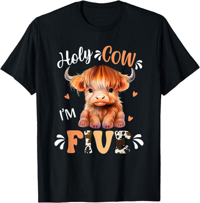 Holy Cow Im Five Scottish Highland Cow Print 5th Birthday T-Shirt