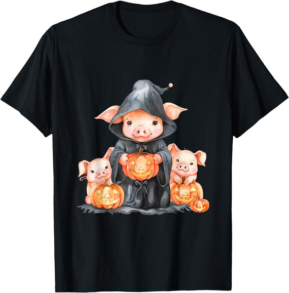 Funny Halloween Costume Party Art Halloween Pig Witchcraft Ghost Scary Pumpkin Trick Or Treat T-Shirt - Black