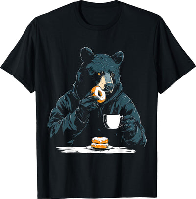 Bear Holds Coffee Donut Animal Motif Illustration Bear T-Shirt