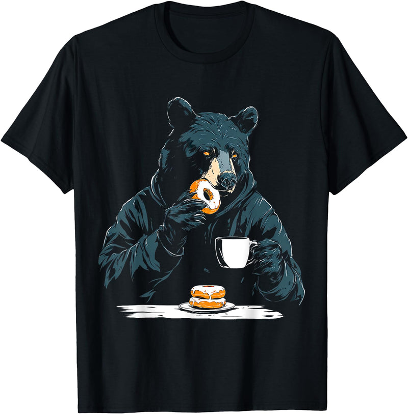 @n!mal Bear Holds Coffee Donut Animal Motif Illustration Bear T-Shirt - As Pictured