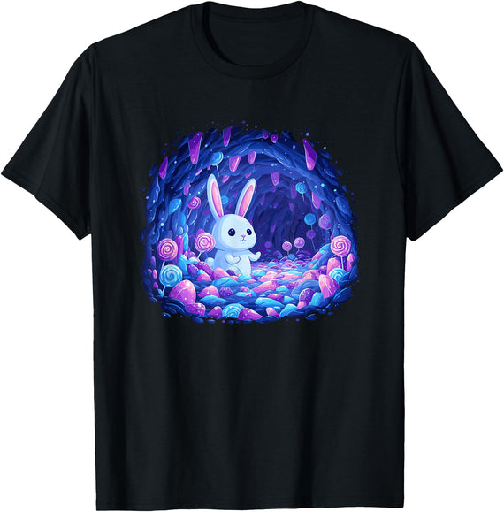 Enchanting Bunny in Candy Cave Fantasy World T-Shirt in Black