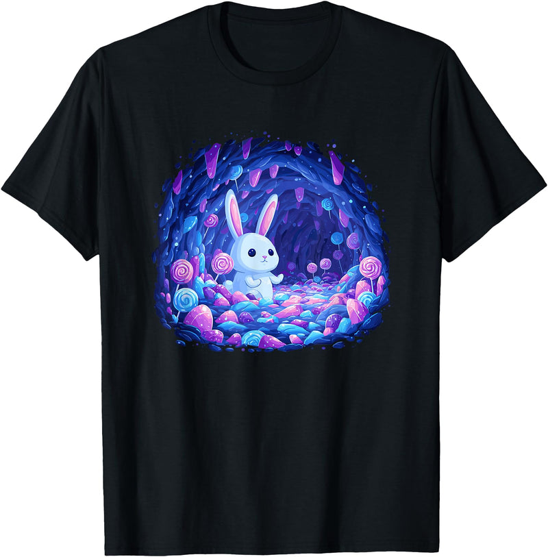 Enchanting Bunny in Candy Cave Fantasy World T-Shirt in Black