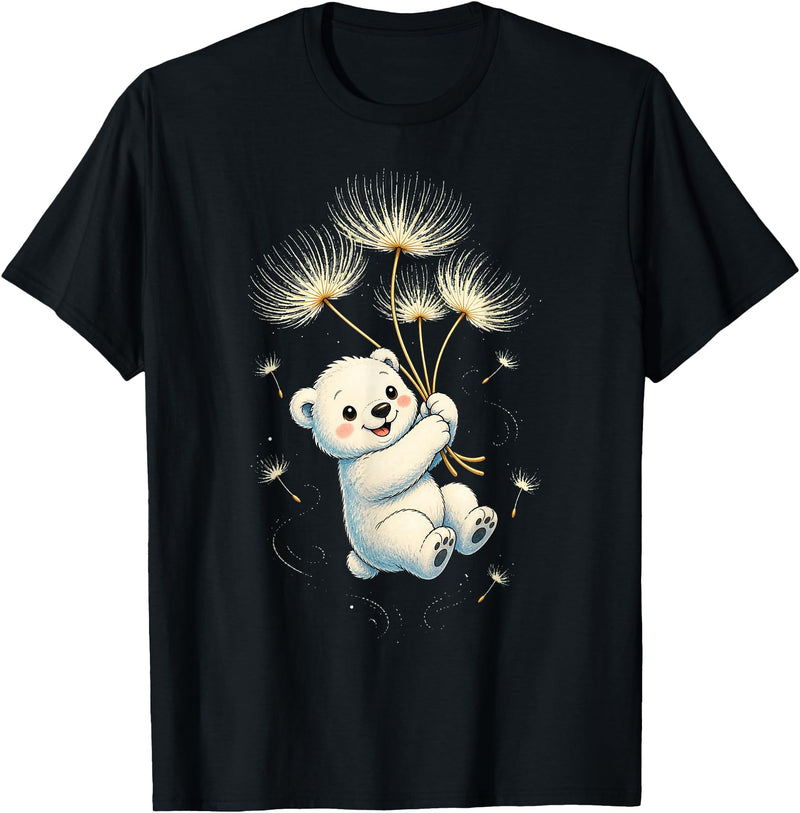Blueberry Clothing Baby Polar Bear Floating On Dandelion Seeds T-Shirt - Black