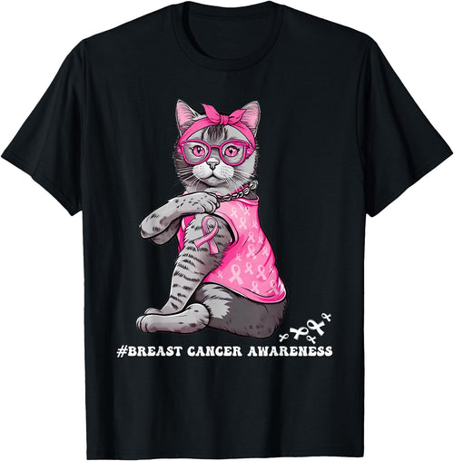 Nad-In October We Wear Pink Funny Cat Pink Ribbon In October We Wear Pink Breast Cancer T-Shirt - Black