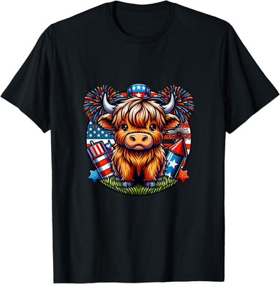 Highland Cow 4th of July Patriotic Cute Cow Farmer T-Shirt