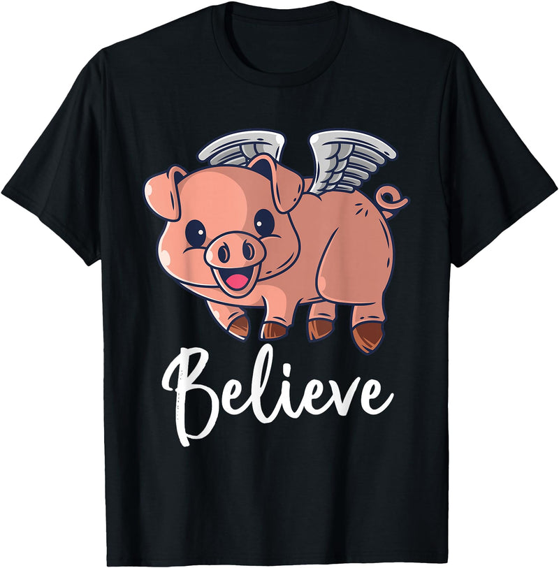 Buddy Tees Flying Pig with Wings Believe Motivational Pigs T-Shirt - Black