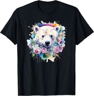 Colorful Polar Bear Kids Arctic Wildlife Painting Polar Bear Floral Watercolor Animal Cute Polar Bear Face T-Shirt