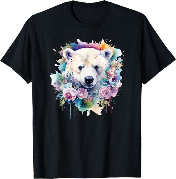 Colorful Polar Bear Kids Arctic Wildlife Painting Polar Bear Floral Watercolor Animal Cute Polar Bear Face T-Shirt - Black