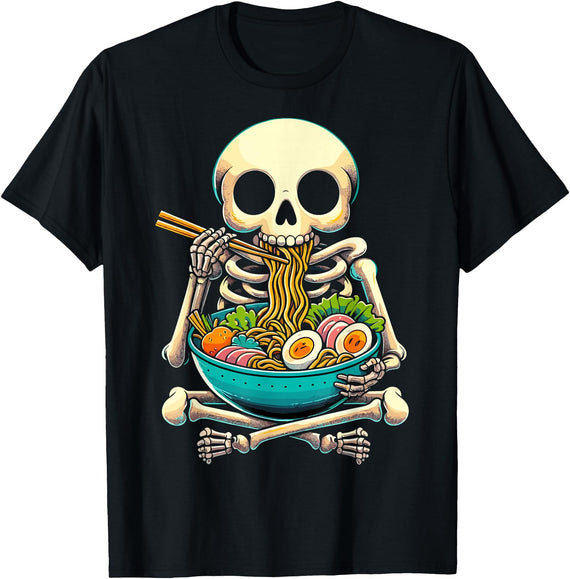 Ramen Lover Skeleton Japanese Food Halloween Skeleton Eating Ramen Noodles T-Shirt - Black