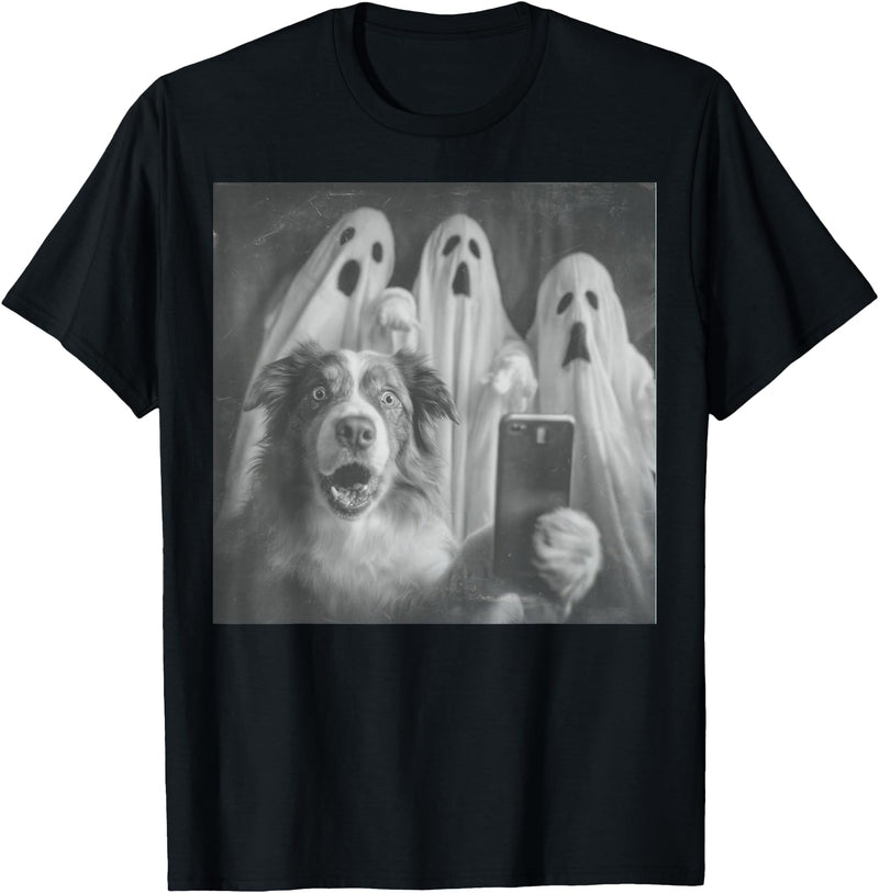 Spooky Aussie Moments Australian Shepherd Selfie Funny Ghost Halloween T-Shirt - Black