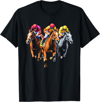 Horse Racing & Cinco de Mayo Derby Clothing Horse Racing Outfit Dynamic Race Scene Derby Riders T-Shirt - As Pictured
