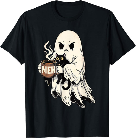 Spooky Coffee Cat Halloween Tees Retro Funny Boojee Ghost Holding Cat Black Cozy Hot Latte T-Shirt - Black