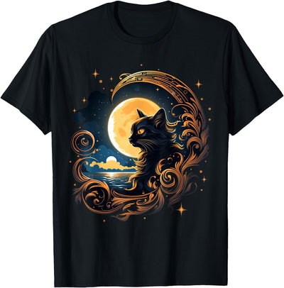 Feline Animal Friends Apparel for Cat Enthusiasts Fantasy Cat Art Moon Decor Animal Artwork Cute Cat T-Shirt