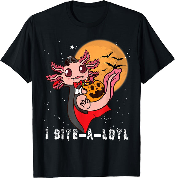 Halloween Axolotl Gifts by ThemTha Cute Vampire I Bite-A-Lotl Halloween Axolotl T-Shirt - Black
