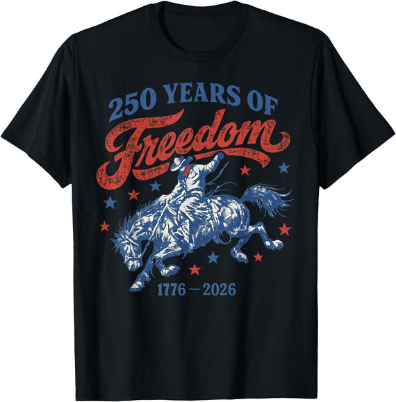 1776-2026 Cowgirl Fourth of July Tee Retro 250 Years of Freedom Cowboy Horse 4th of July T-Shirt - Black