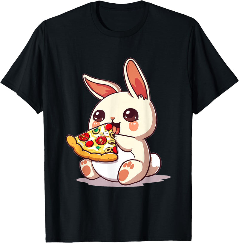 Funny Bunny Rabbit Eating Pizza Graphic T-Shirt in Black