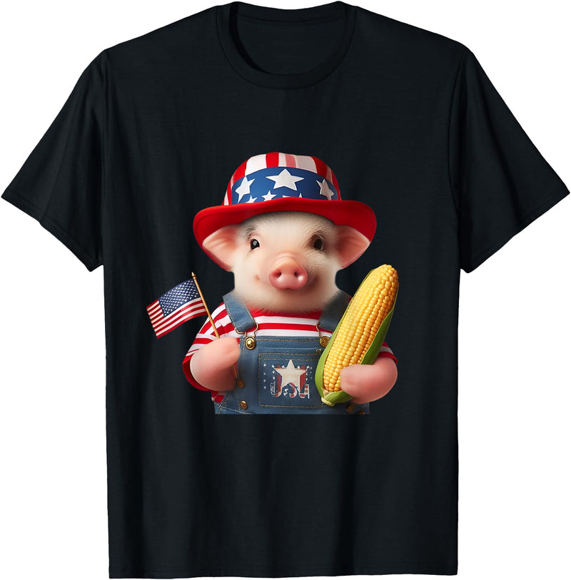 Pig Corn 4th of July Design 4th of July Pig American Us Flag Patriotic Corn 4th of July T-Shirt - Black