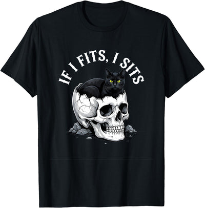 Gothic Cat Lover Funny Black Cat Humor Apparel If I Fits I Sits Black Cat Skull Funny T-Shirt