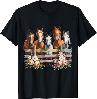 HORSE LOVERS NOVELTY APPAREL Wild Floral Horses For Men Women Kids Horse Lover T-Shirt - Black