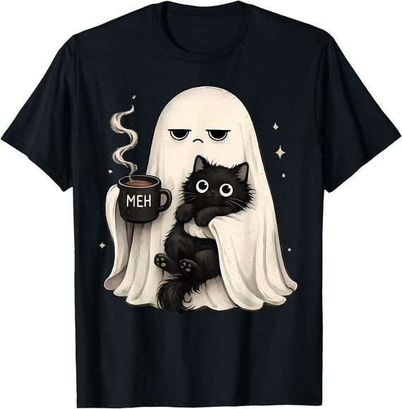 Ghost Drinking Coffee Holding Black Cat Halloween Ghost Holding Black Cat Cozy Hot Latte Spooky Halloween T-Shirt - Black