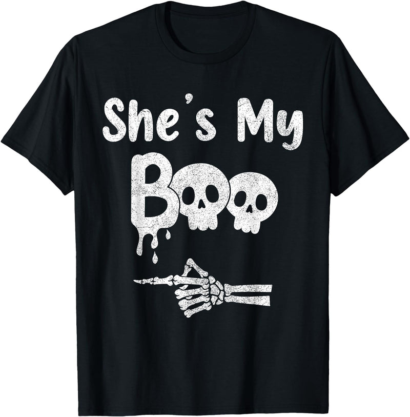 Couples Halloween Matching Gifts Matching Halloween Pajama Couples, She’s My Boo Skull Face T-Shirt - Black