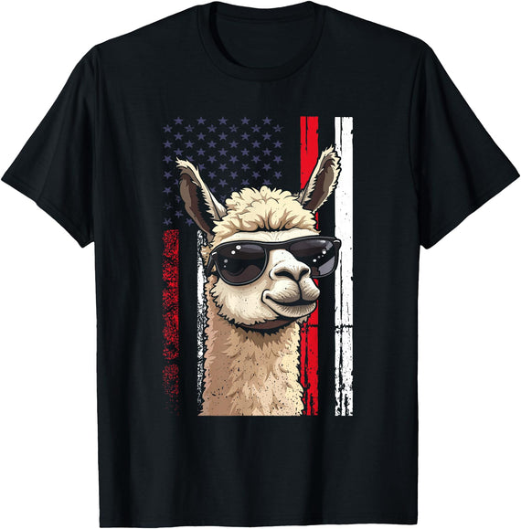 Llama Alpaca Designs Funny Llama US Flag Alpaca America Flag Funny Alpaca T-Shirt - Black
