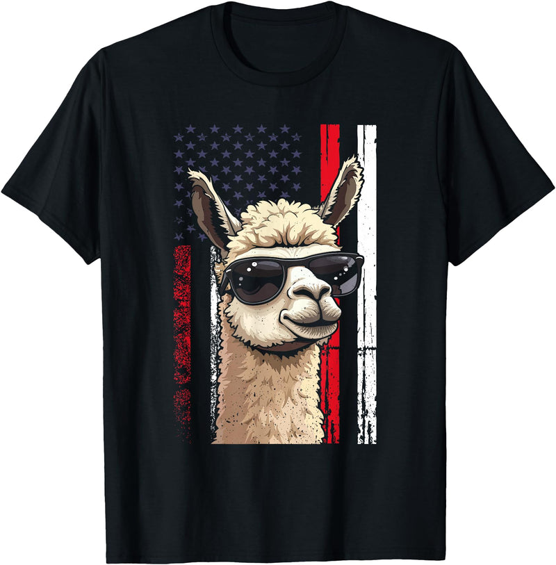 Llama Alpaca Designs Funny Llama US Flag Alpaca America Flag Funny Alpaca T-Shirt - Black