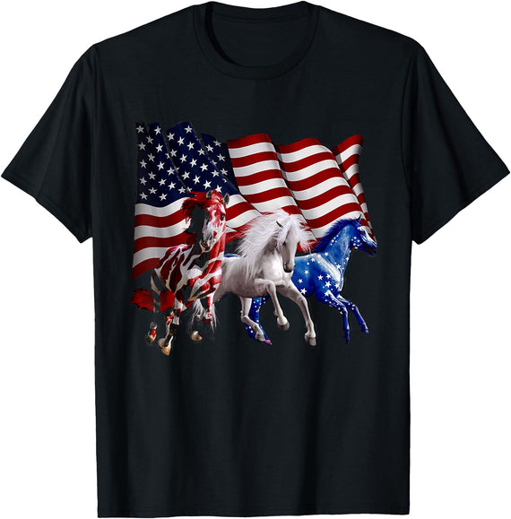 Happy 4th Of July American Flag Red White Horse And Blue T-Shirt - Black