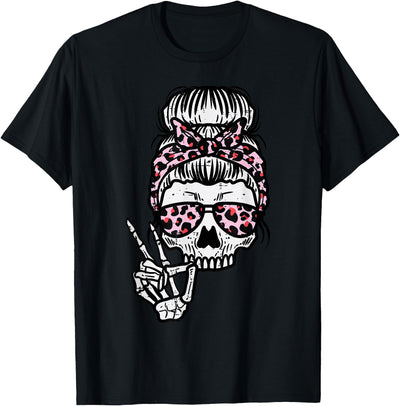 Cute Womens Halloween Shirts For Girls Kids Skeleton Skull Hairbun Leopard Halloween Costume Women Mom T-Shirt