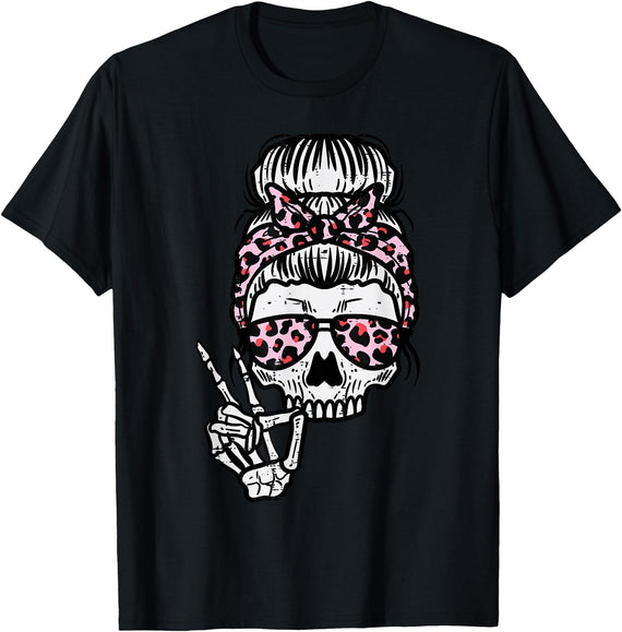 Cute Womens Halloween Shirts For Girls Kids Skeleton Skull Hairbun Leopard Halloween Costume Women Mom T-Shirt - Black
