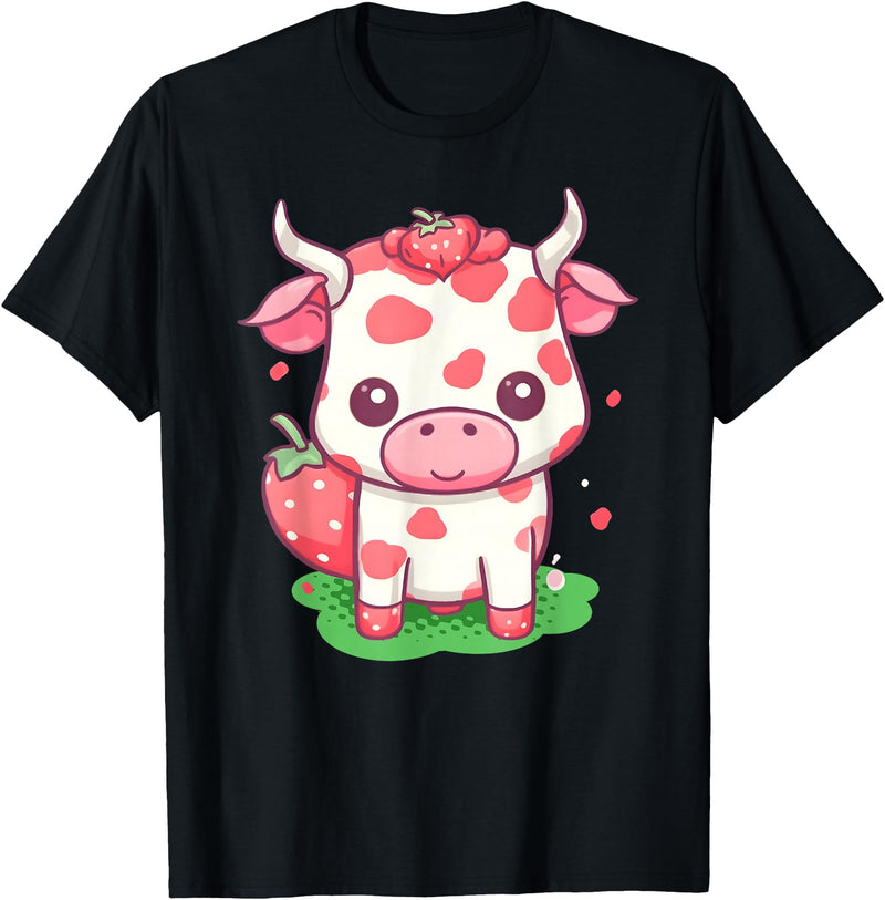 Strawberries Cow Baby Animal Kids Cute Apparel Cow Strawberry Cute Kawaii Pink Pastel Strawberry Milk Farm T-Shirt - Black