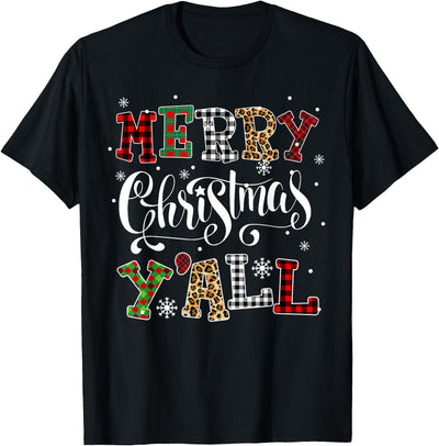 Merry Christmas Ya'll Leopard Buffalo Plaid Pajama Family T-Shirt