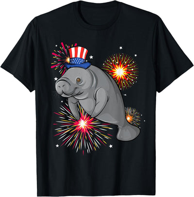 Cow 4th of July Manatee Marine Biologist Patriotic Fireworks T-Shirt