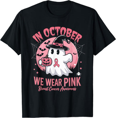 In October We Wear Pink Ghost Tees Breast Cancer Shirts Women Halloween October Wear Pink T-Shirt