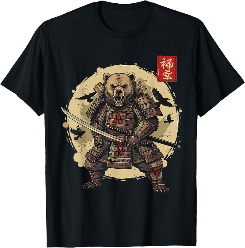Anime Shirts For Men Women Kids Gifts Samurai Bear Shirt Warrior Vintage Graphic Japanese Men T-Shirt - Black