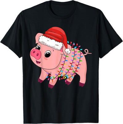 Christmas Lights Pig Wearing Xmas Hat - Pig Lover Farmer T-Shirt