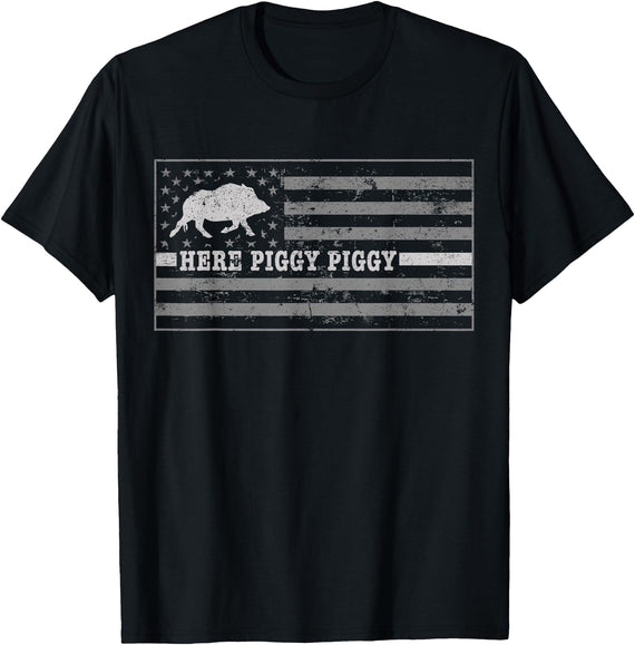 Shoppzee Wild Pig Hunting Wild Boar Hunting Shirts Pig Call For Hunting Shirt Here Piggy Piggy Hog Hunting Shir T-Shirt - Black
