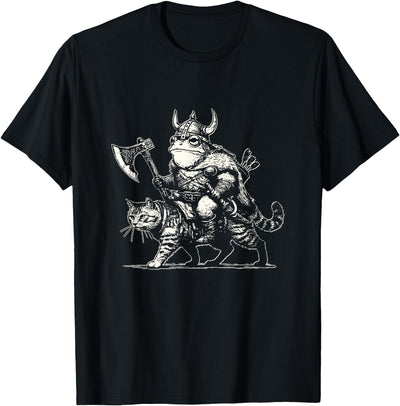 Frogs of Valhalla Viking Frog Riding Cat Epic Fantasy Animal Warrior T-Shirt