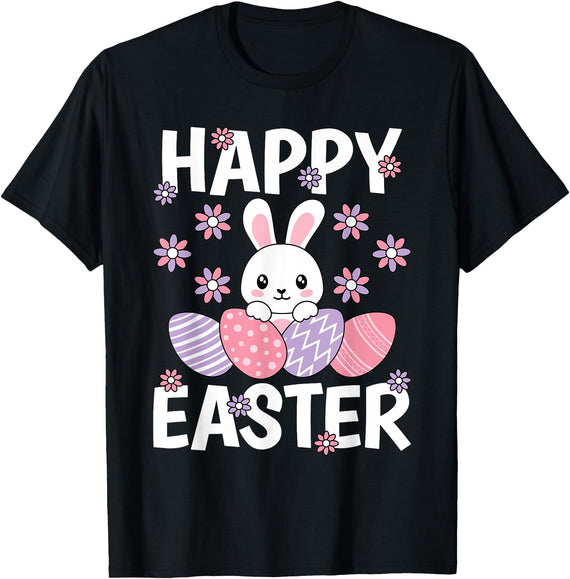 Cute Happy Easter Bunny Rabbit Egg Women Girls Kids T-Shirt in Black